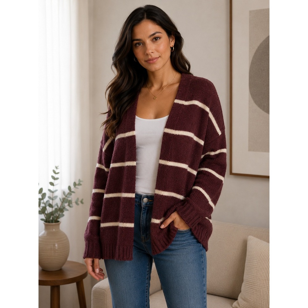 TRU Self‎ Womens Burgundy Cream Striped Open Front Cardigan Sweater Size 0X